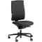 Black office chair, ergonomically shaped, with rollers and adjustable backrest.