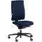 Blue office chair with backrest, seat, castors and frame. Detailed shot of the office chair, which is on a white background.