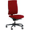 Office chair with red fabric and black frame. The chair is on castors and has a high backrest.