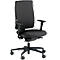 Black office chair, ergonomically shaped. Backrest and seat are padded, armrests adjustable. On castors.