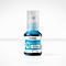 Een fles turquoise inkt voor inkjetprinters, met een etiket met informatie zoals "Brother" en "BTD180c".