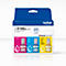 Een blauwe doos met Brother-inkt, met drie inktflessen in magenta, cyaan en geel.