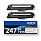 Twee zwarte Brother tonercartridges met een productverpakking met de tekst "247 BK TWIN".