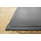 Dark gray rubber mat with a square pattern on light brown floor. The edge is rounded.