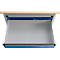 Otto Kind brede werkbank type 405, beuken multiplex blad, tot 1.200 kg, B 1524 x D 750 x H 850 mm, staal, centrale vergrendeling, blank aluminium/ gentiaanblauw
