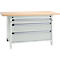 Otto Kind brede werkbank type 405, beuken multiplex blad, tot 1.200 kg, B 1524 x D 750 x H 850 mm, staal, centrale vergrendeling, lichtgrijs/lichtgrijs