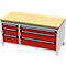 Werkbank met houten blad, rode laden en grijs frame.