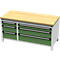 Werkbank met houten blad, groene lades en metalen frame. Er zitten zes laden in de bovenkant.