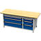 Werkbank met blauwe laden, houten tafelblad en grijs frame.