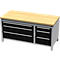 Werkbank met houten blad, lades en grijs frame.