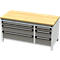 Werkbank met houten blad en grijze laden. Drie grote laden links, drie kleine laden rechts.