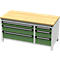 Werkbank met houten blad, groene lades en een zilveren frame.
