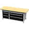 Werkbank met houten blad, zwarte laden en grijs metalen frame.