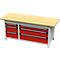 Werkbank met rode lades, licht houten blad, grijs frame.