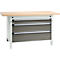 Otto Kind Breitfachwerkbank Typ 405, Buche Multiplexplatte, bis 1.200 kg, B 1524 x T 750 x H 850 mm, Stahl, Zentralverschluss, lichtgrau/staubgrau