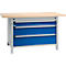 Otto Kind Breitfachwerkbank Typ 405, Buche Multiplexplatte, bis 1.200 kg, B 1524 x T 750 x H 850 mm, Stahl, Zentralverschluss, weißaluminium/enzianblau