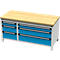 Otto Kind Breitfachwerkbank Typ 420, bündig, Buche Multiplexplatte, bis 1400 kg, B 1697 x T 750 x H 850 mm, Stahl, Zentralverschluss, lichtgrau/lichtblau