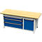 Otto Kind Breitfachwerkbank Typ 435, Buche Multiplexplatte, überstehend, bis 1400 kg, B 2004 x T 750 x H 850 mm, Stahl, Zentralverschluss, lichtgrau/enzianblau