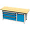Otto Kind Breitfachwerkbank Typ 435, Buche Multiplexplatte, überstehend, bis 1400 kg, B 2004 x T 750 x H 850 mm, Stahl, Zentralverschluss, lichtgrau/lichtblau