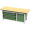 Otto Kind Breitfachwerkbank Typ 435, Buche Multiplexplatte, überstehend, bis 1400 kg, B 2004 x T 750 x H 850 mm, Stahl, Zentralverschluss, lichtgrau/resedagrün