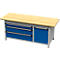 Otto Kind Breitfachwerkbank Typ 435, Buche Multiplexplatte, überstehend, bis 1400 kg, B 2004 x T 750 x H 850 mm, Stahl, Zentralverschluss, weißaluminium/enzianblau