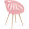 Pink plastic chair with wooden legs. Backrest with slits and handle hole.