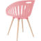 Pink chair with wooden legs, curved seat with a slot design.