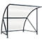 Dark gray waiting shelter with curved steel struts and transparent roof sheeting.