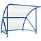Blue dugout structure with transparent cover. Steel construction in blue, rectangular shape, slightly curved.
