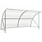Grey bus shelter with transparent roof, open construction.