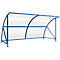 Blue shelter with transparent roof and side walls.