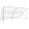 White waiting shelter with transparent roof and metal frame. It offers protection from wind and weather.