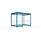 Blue metal waiting shelter with transparent walls and roof. On a white background.