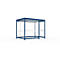 Blue bus shelter with glass walls against a white background.