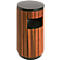 Brown wooden trash can with black lid and opening.