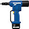 Riveteuse GESIPA bleue, avec batterie. Bouton jaune sur la poignée, base de batterie noire. Logo et texte 'GESIPA'.