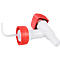 White faucet with red rotary closure and curved plastic tube.