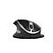 Vertical ergonomic mouse. Black with silver accents, side thumb rest.
