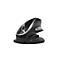 Black ergonomic mouse with silver accents, slightly angled on a base.