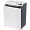 White and gray paper shredder. There's a control panel and a red button on top. The device stands on wheels.