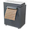 Gray paper shredder with corrugated paper protruding.