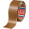 A roll of brown adhesive tape from the brand Tesa, with a red logo. The tape is unrolling.