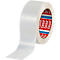 Weisse Klebebandrolle, Marke Tesa. Roter und blauer Aufdruck. Klebeband wird abgerollt.