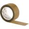 Brown packing tape on a roll, partially unrolled. The core is white with red lettering.
