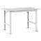 White rectangular work table with metal frame and four legs. The surface is light gray.