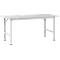 A white rectangular table against a white background. The metal legs have black rubber feet.