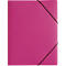 A pink file folder with a black elastic band closure. The band runs diagonally across the front.