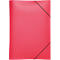 A red folder with a black rubber band holding it together.