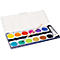Watercolor paint set with brush and tube of color. Opened blue box with 12 paint pans in different colors.