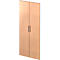A cabinet with light brown doors. The doors are closed and have silver handles.